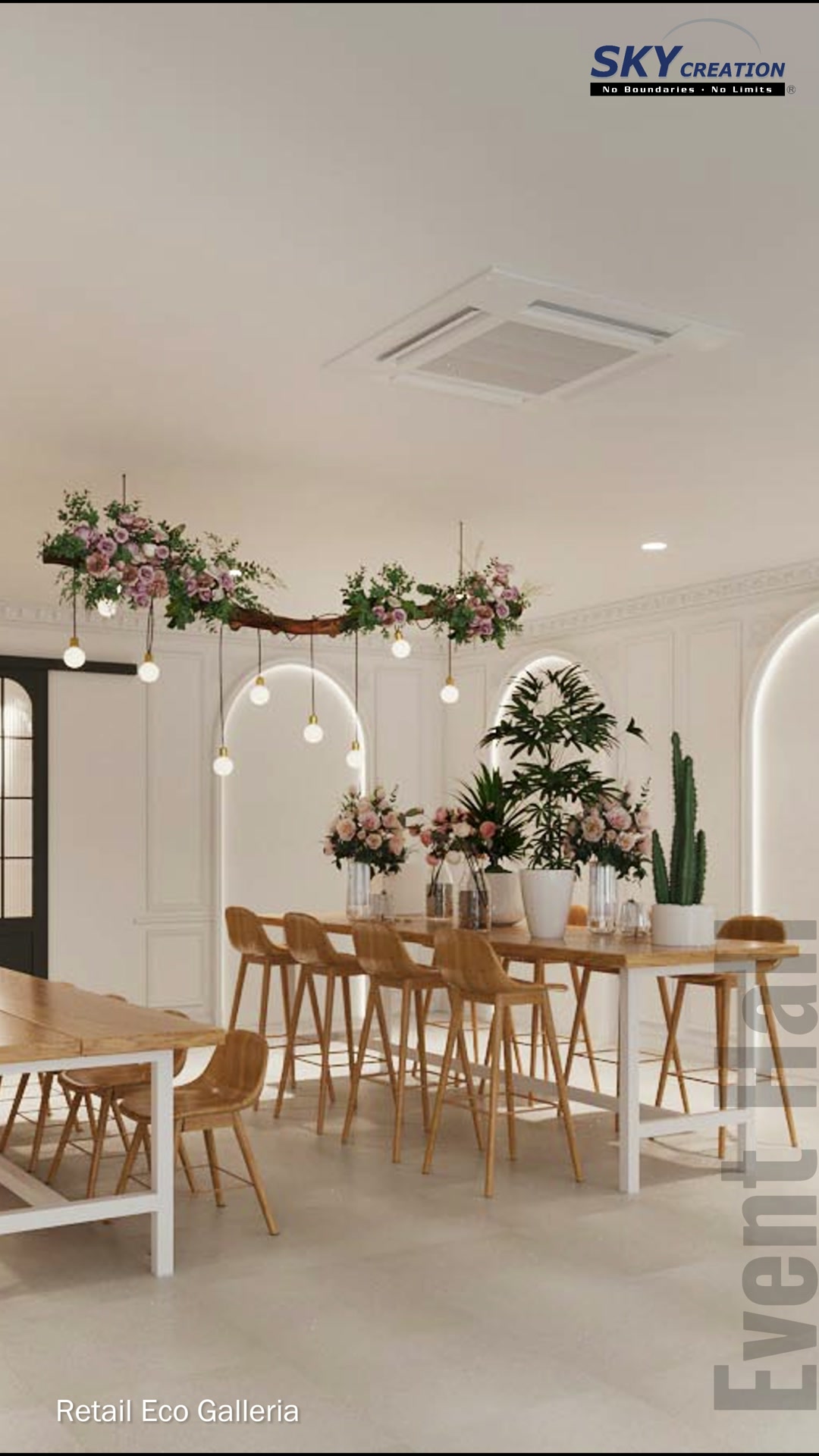 Eco Galleria event hall with timber tables, suspended floral lighting and illuminated arch niches