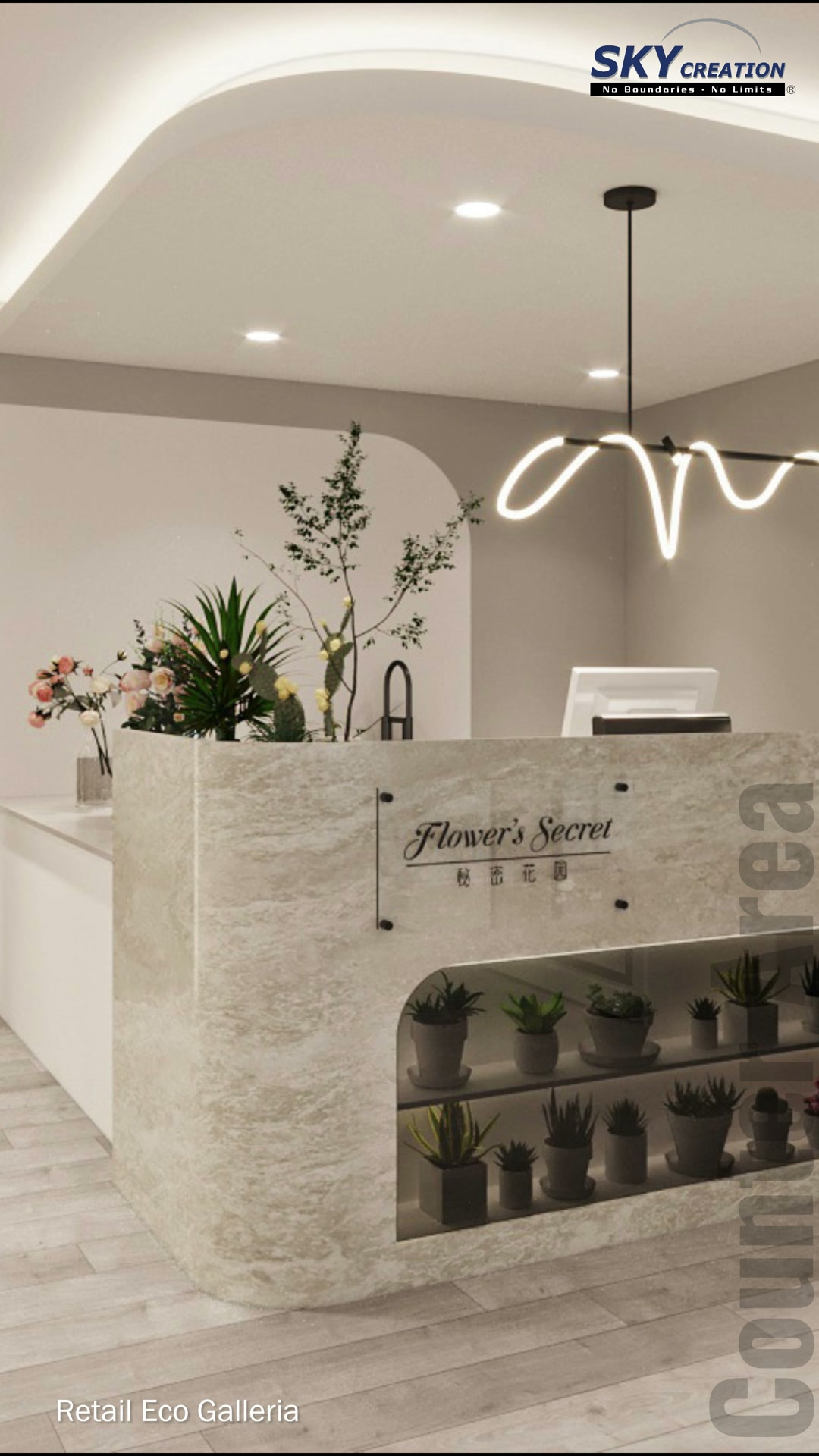 Eco Galleria stone-look reception counter with an illuminated plant display niche