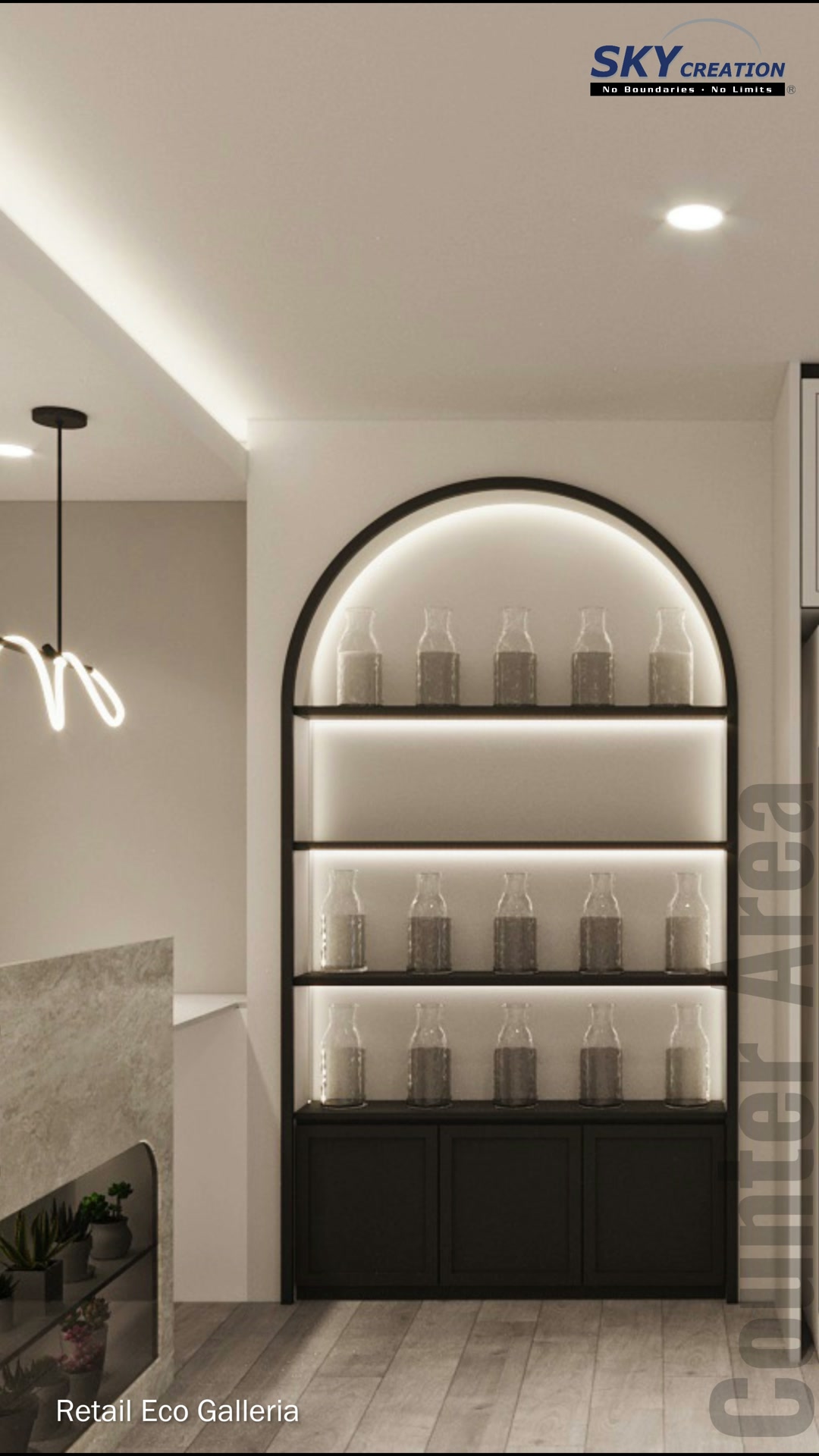 Eco Galleria black arched product shelving with integrated warm lighting
