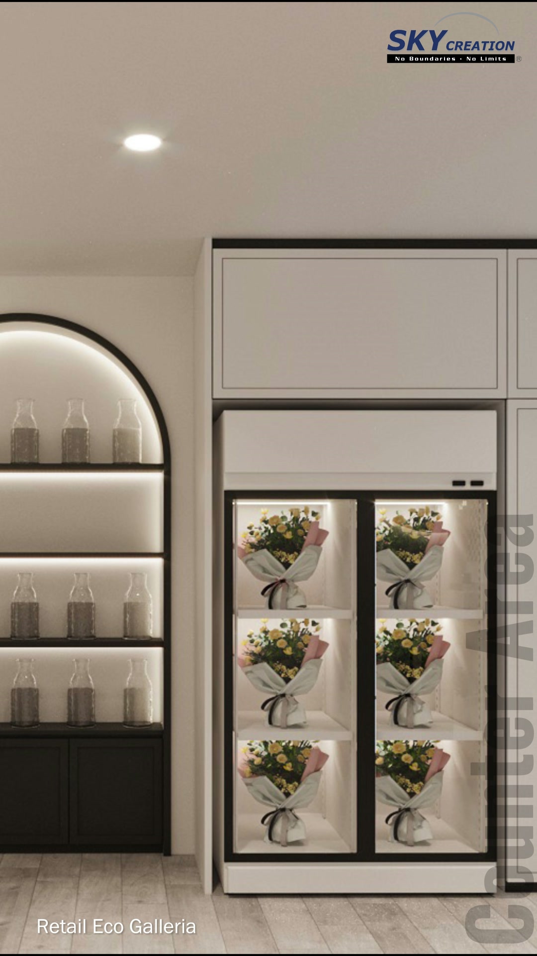 Eco Galleria illuminated floral cooler beside the arched display cabinet