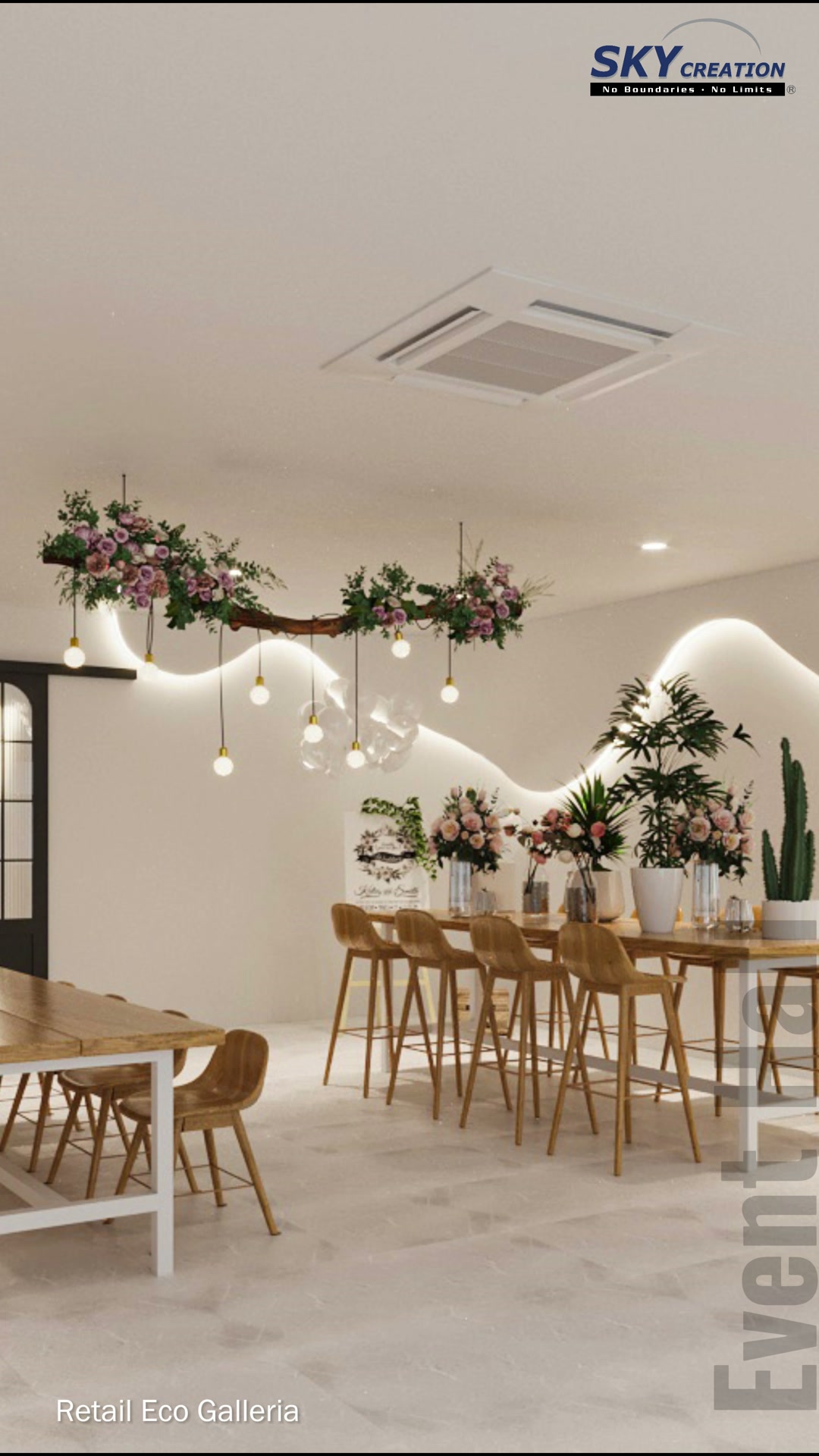 Eco Galleria event space with timber tables, floral pendant installation and wave-lit wall