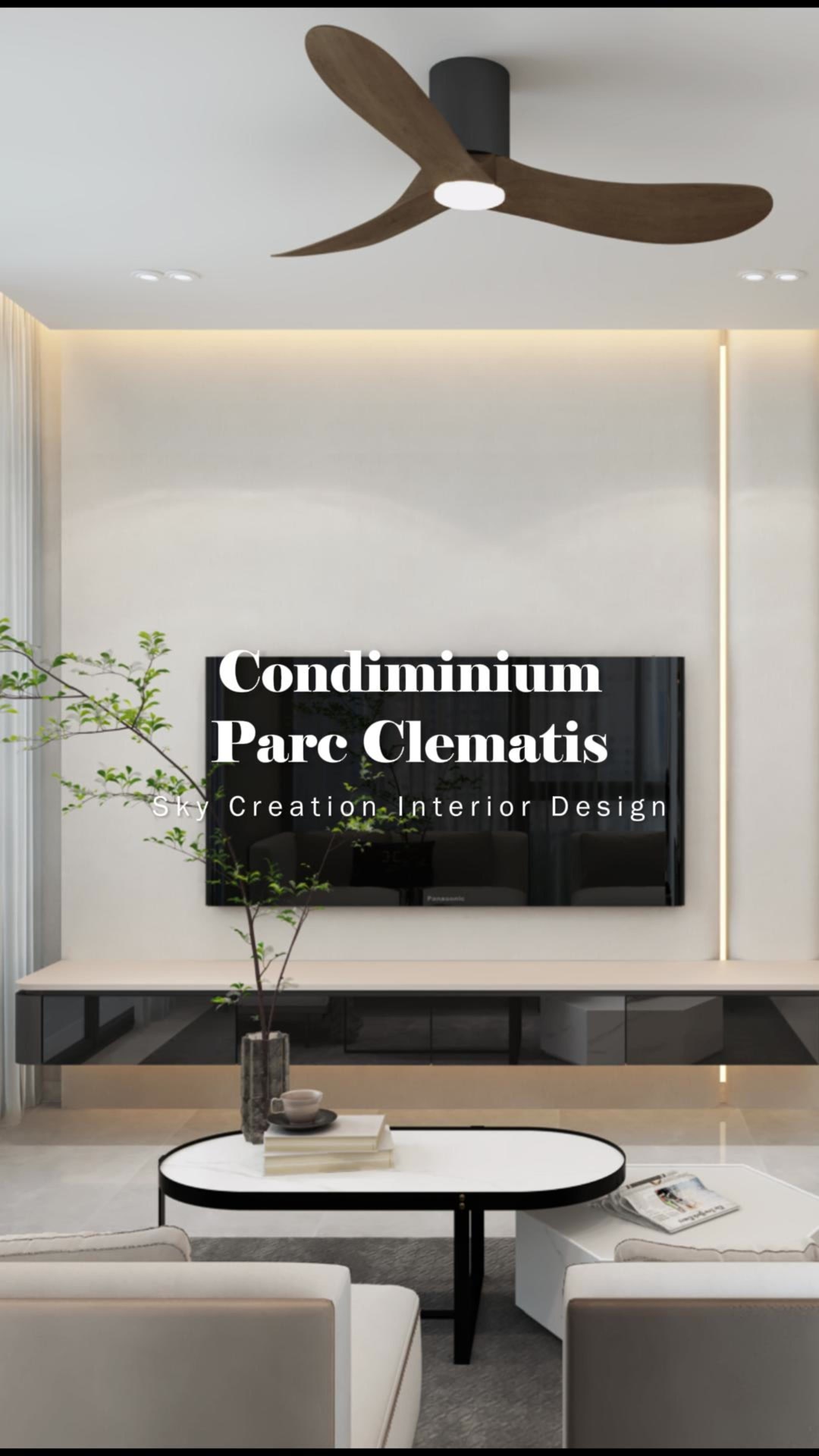 Parc Clematis 3D living room with an edge-lit television wall, floating dark console and timber ceiling fan