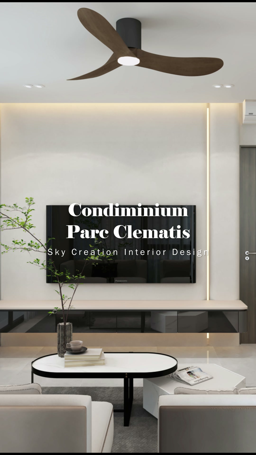 Parc Clematis living room with an edge-lit television wall, floating dark console and timber ceiling fan