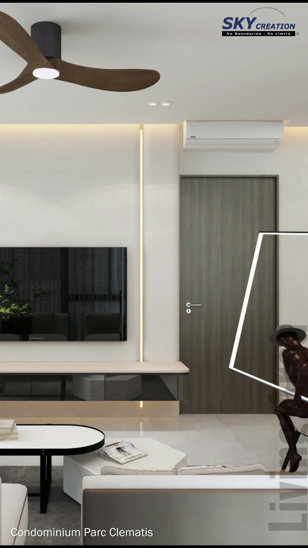 Parc Clematis living room with paired timber doors and a black geometric art frame beside the television wall