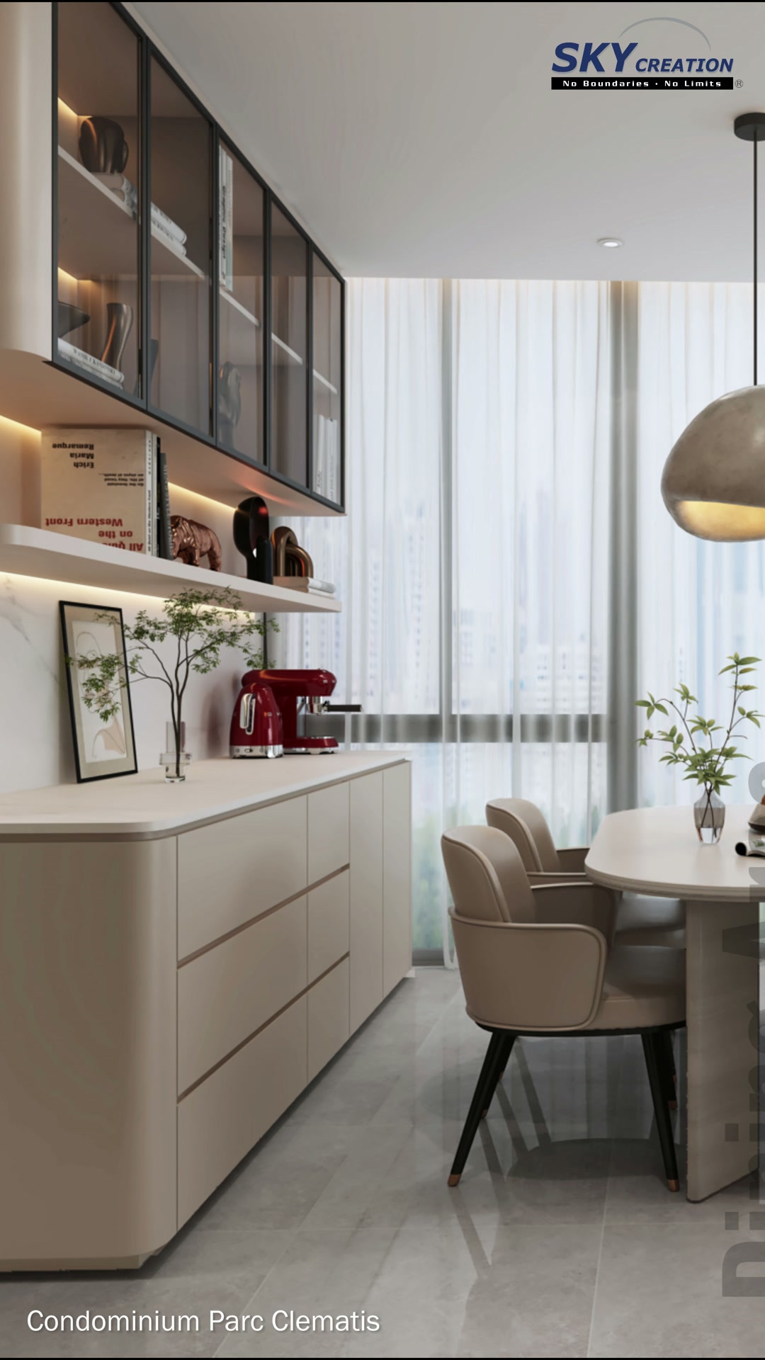 Parc Clematis dining zone with illuminated storage, a pale oval table and window-side daylight