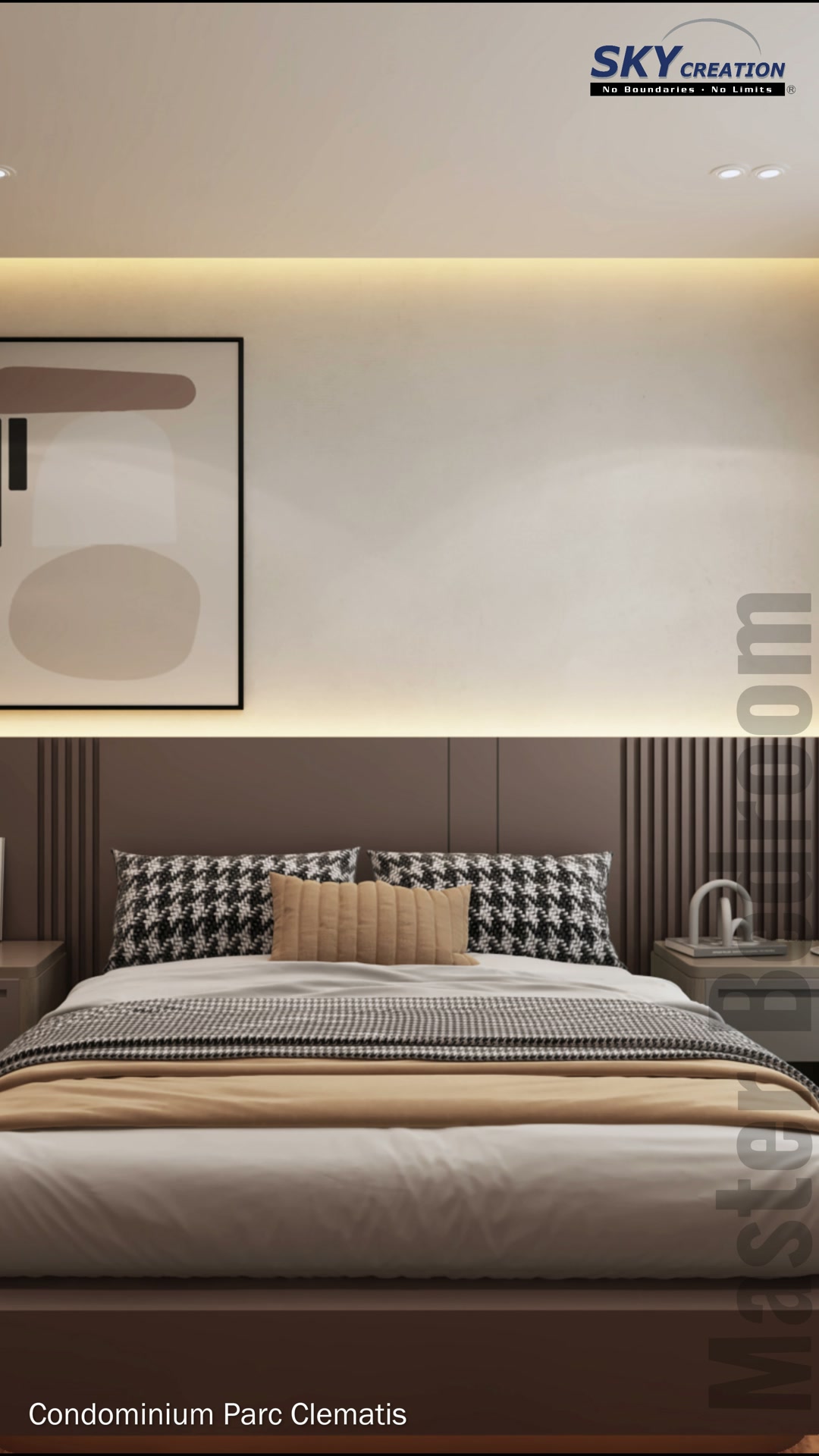 Parc Clematis master bedroom with integrated dark shelving, bedside storage and abstract artwork