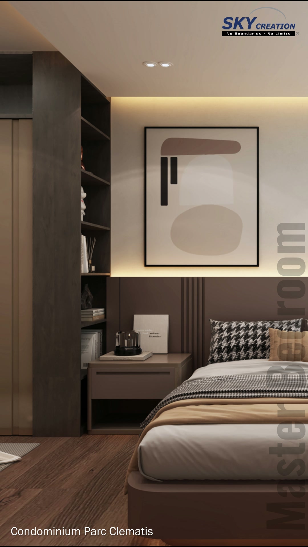 Wide Parc Clematis master bedroom view with dark timber wardrobe, framed artwork and full-height curtains