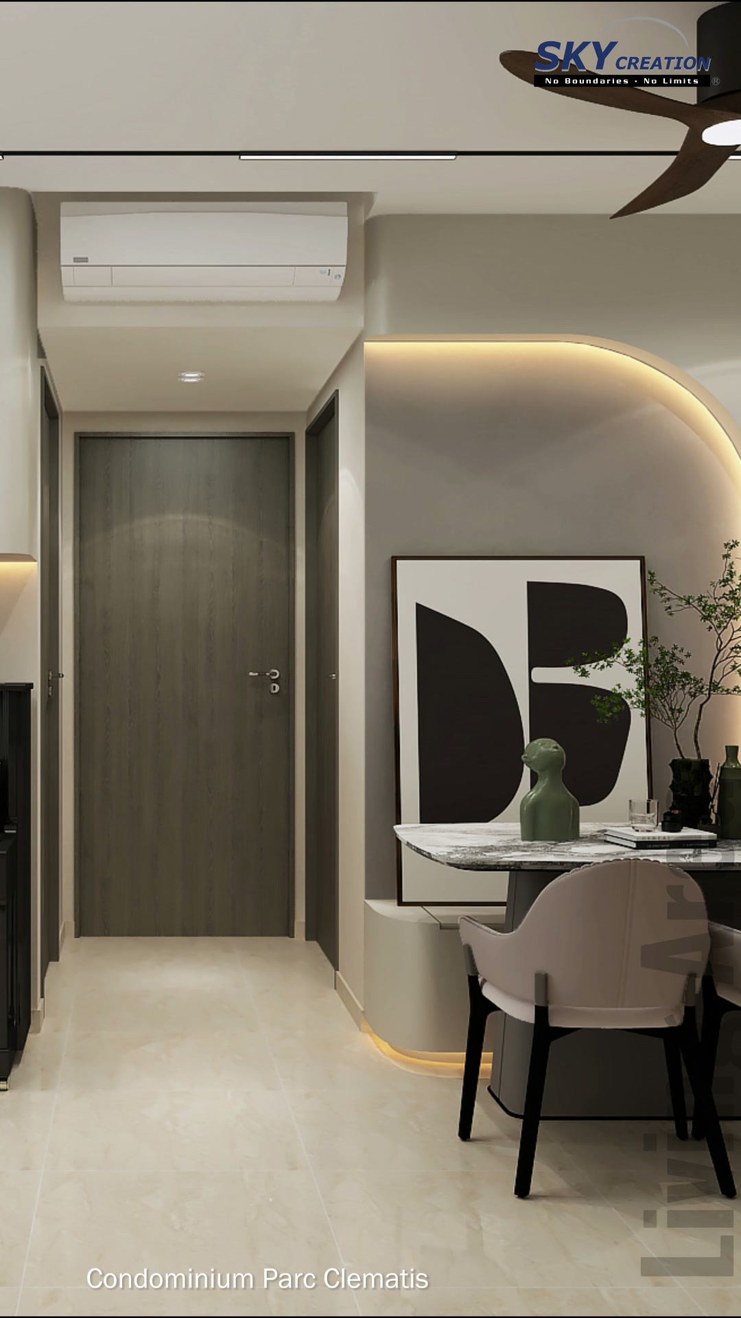 Parc Clematis 3D entrance and dining concept with a curved illuminated feature wall