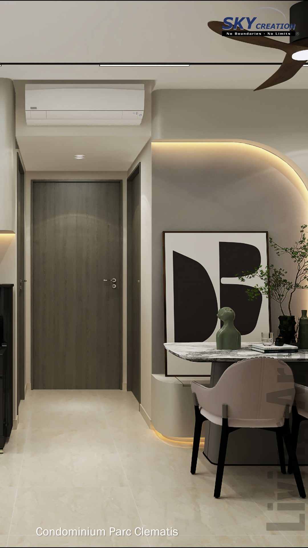 Parc Clematis compact dining corner with a curved illuminated wall and monochrome artwork