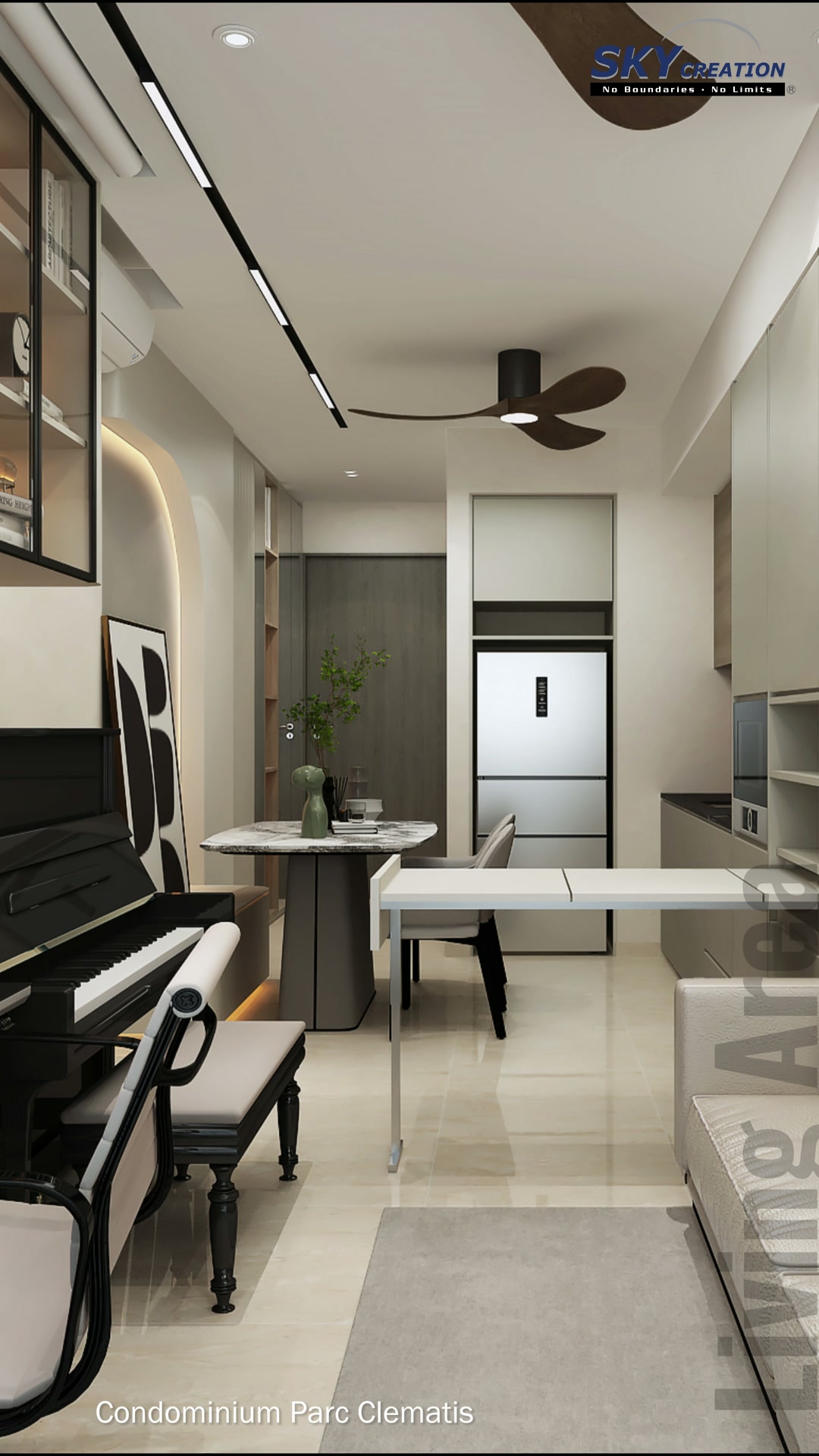 Parc Clematis view from the piano wall through the dining area towards the kitchen