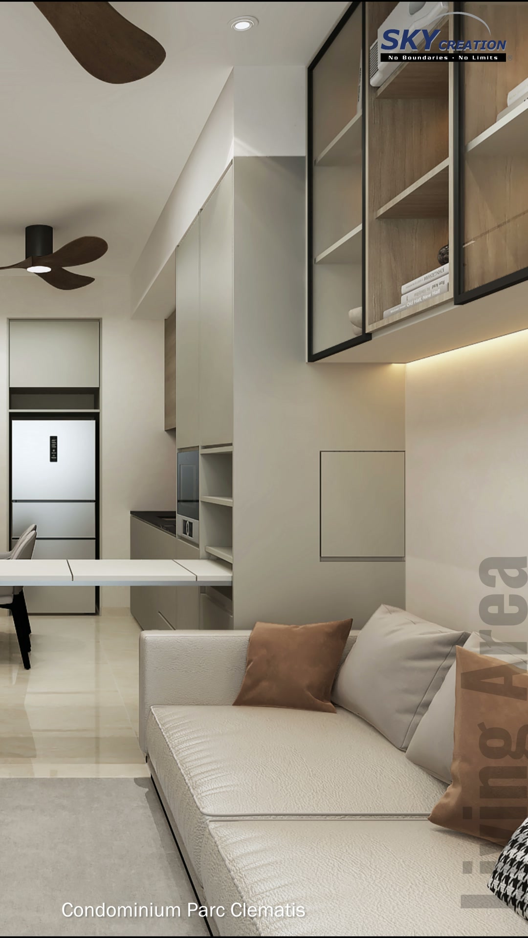 Parc Clematis living area with pale cabinetry, black-framed upper storage and a white sofa