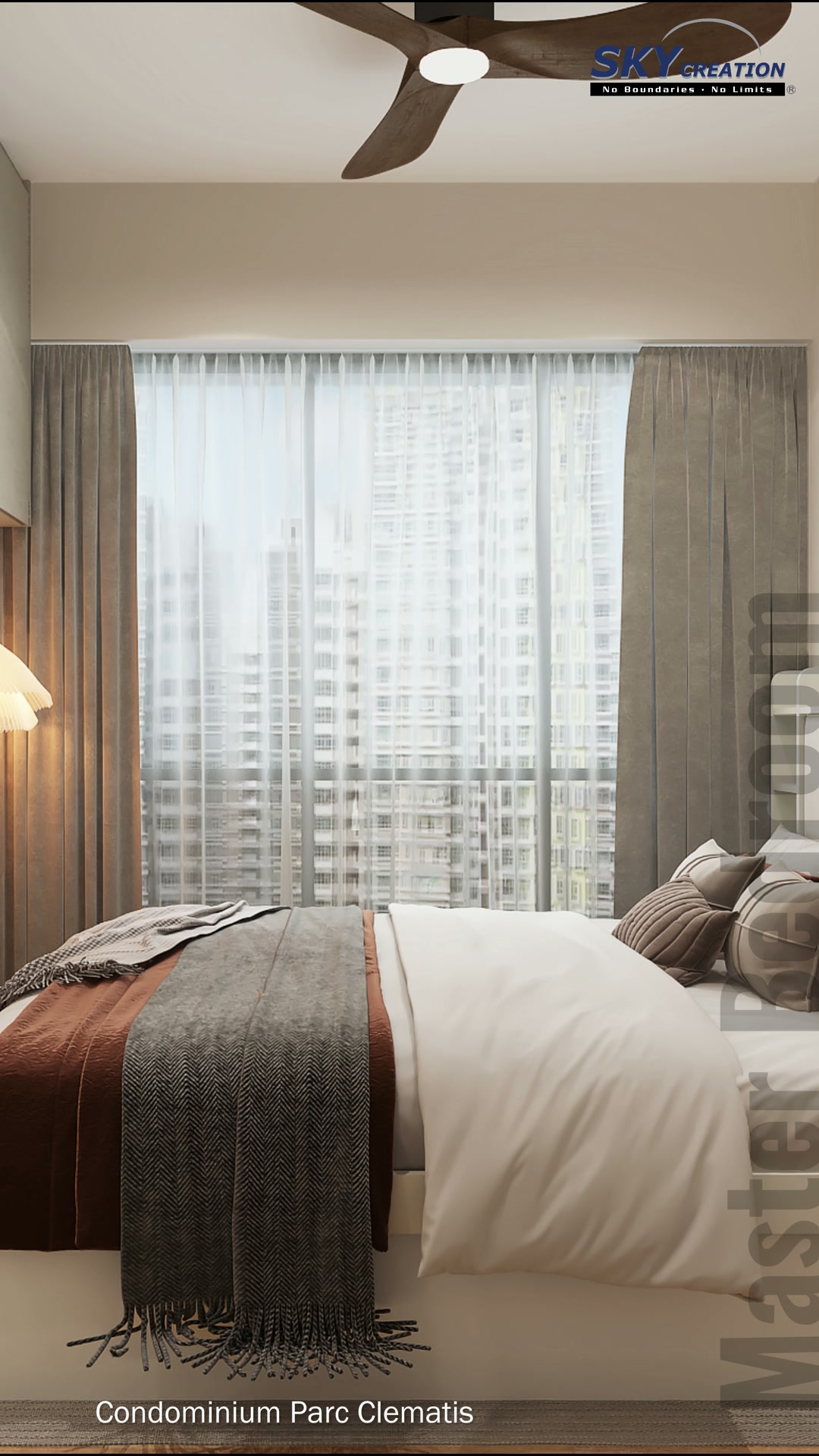 Parc Clematis master bedroom with warm timber flooring and a rust-toned bed accent