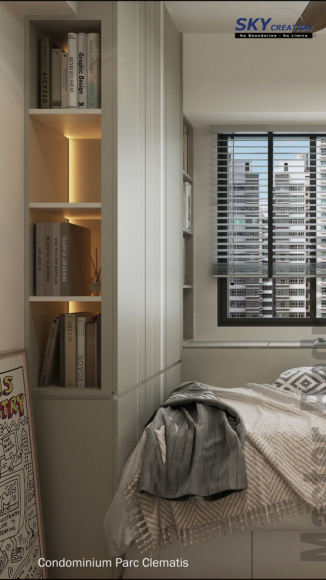 Parc Clematis master bedroom detail with full-height window and illuminated open shelf