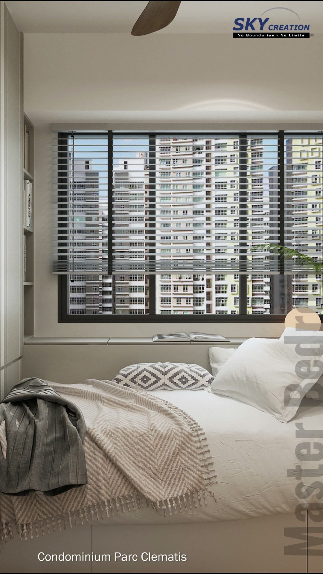 Parc Clematis secondary bedroom with a window-side bed and narrow illuminated shelf