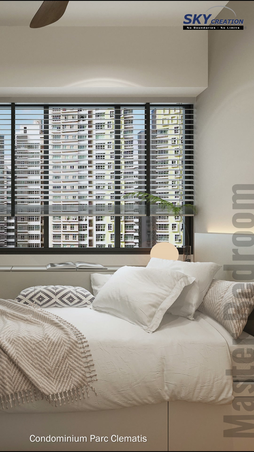 Parc Clematis secondary bedroom with black louvres and a light neutral palette