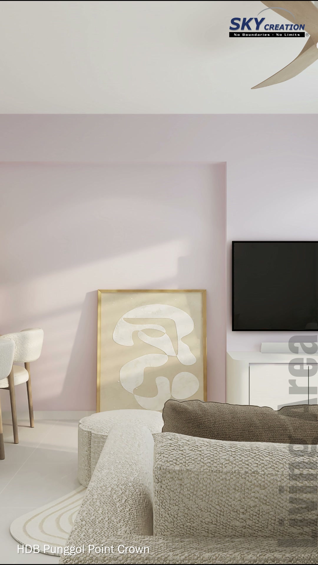 Punggol Point Crown HDB 3D living area with a soft blush feature wall, pale cabinetry and textured neutral seating