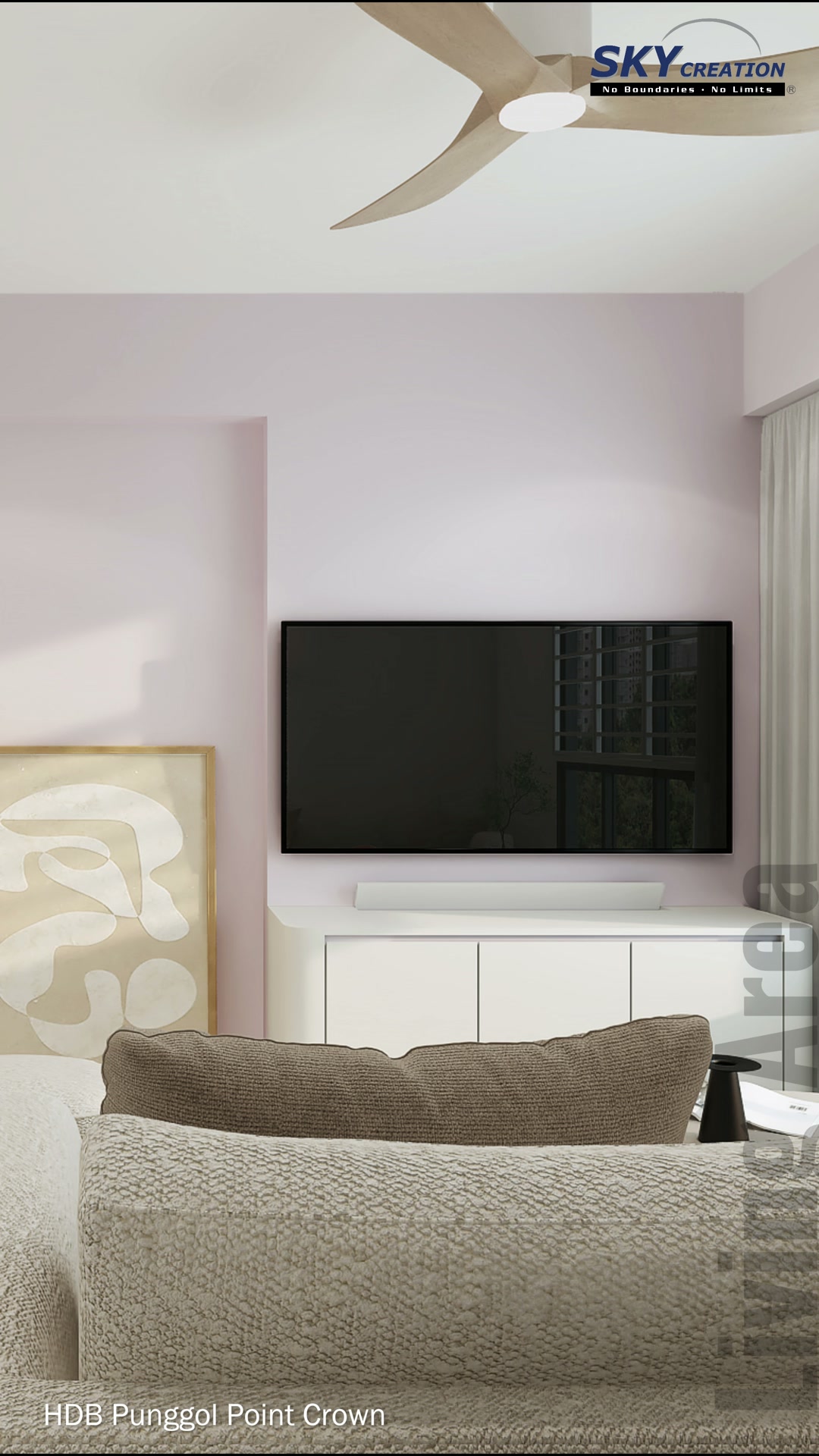 Punggol Point Crown living room with a blush television wall and a view towards the dining area