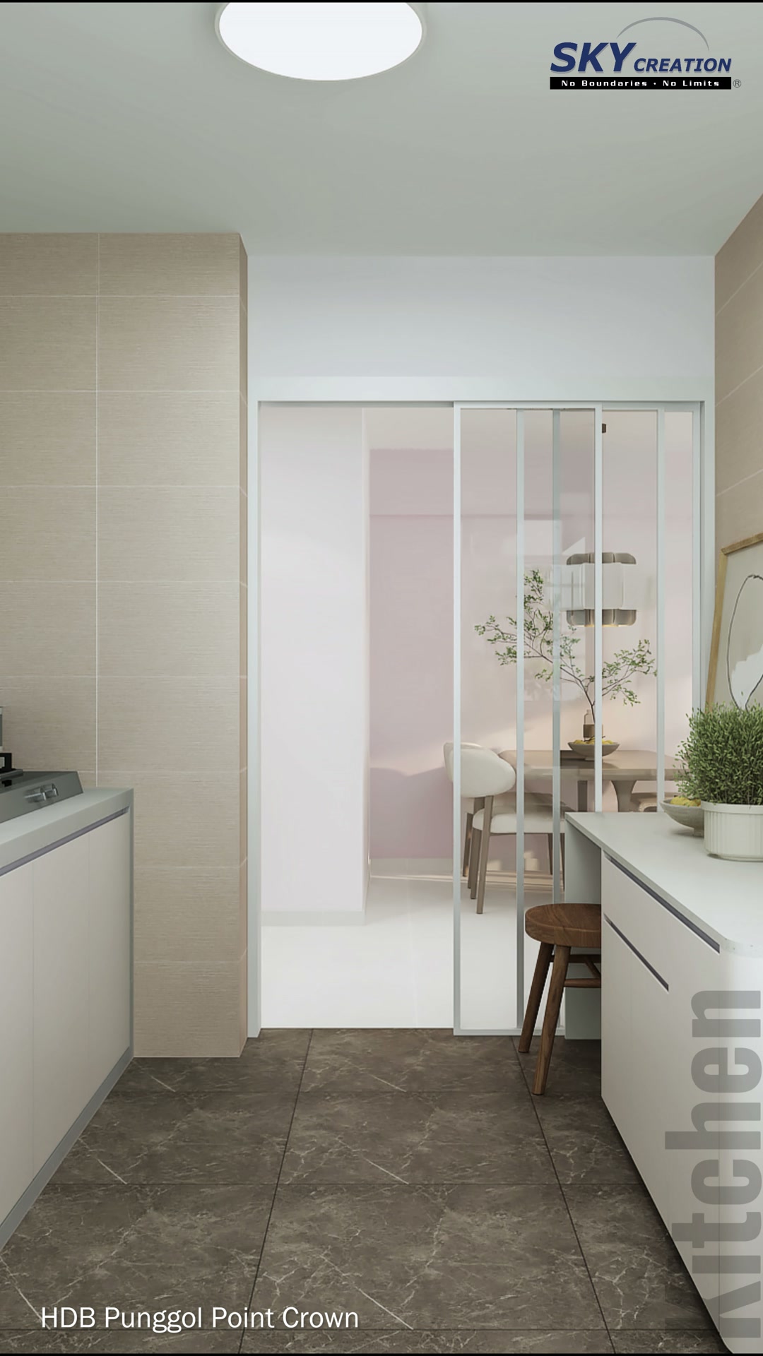 Punggol Point Crown linear kitchen with pale cabinets and a clear working aisle