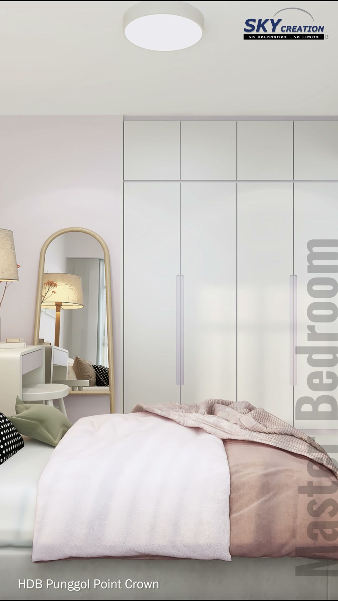 Punggol Point Crown master bedroom with blush accents and full-height white wardrobes