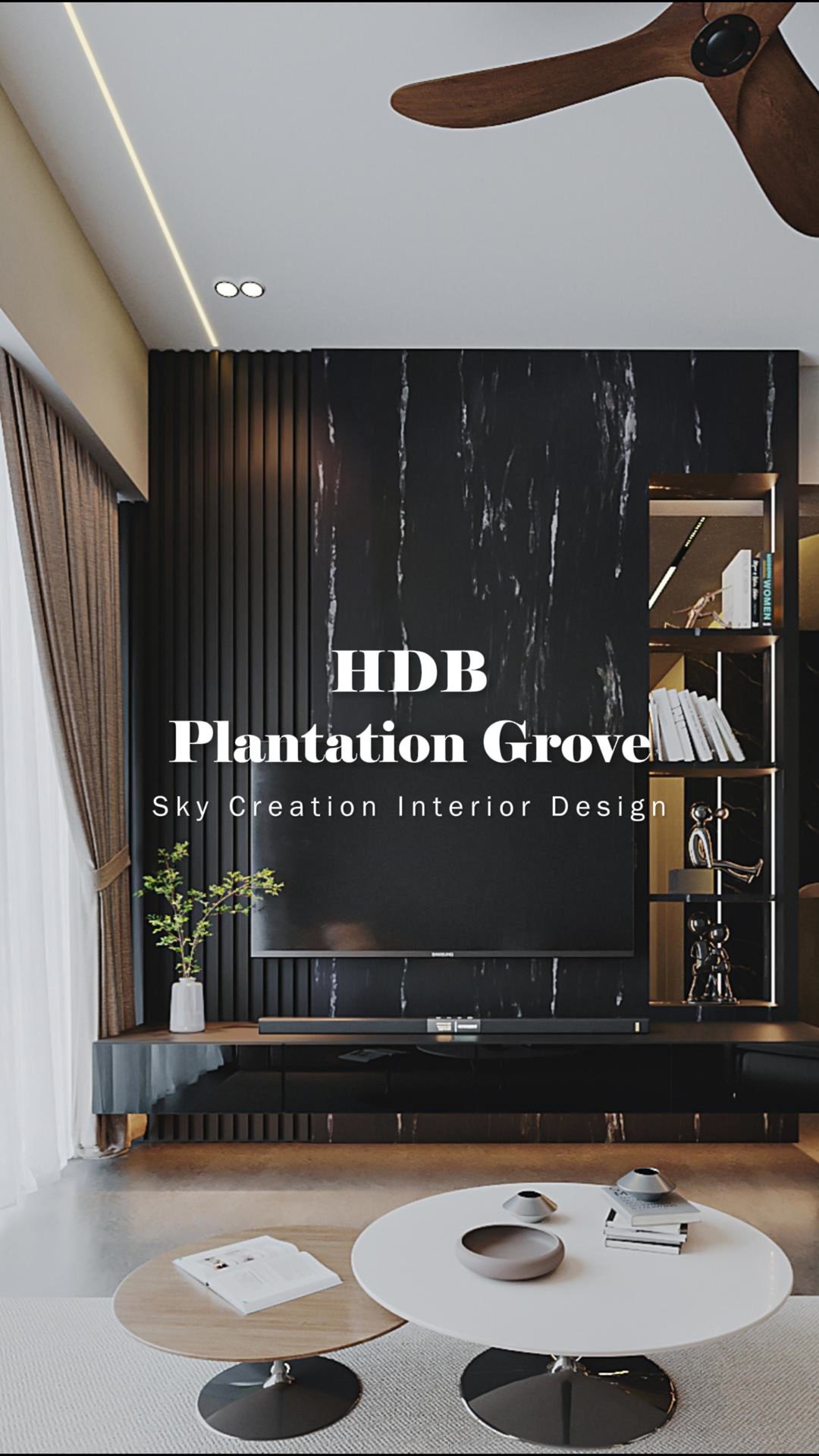 Plantation Grove HDB 3D living room with a reflective black television feature, pale sofa and warm concealed lighting