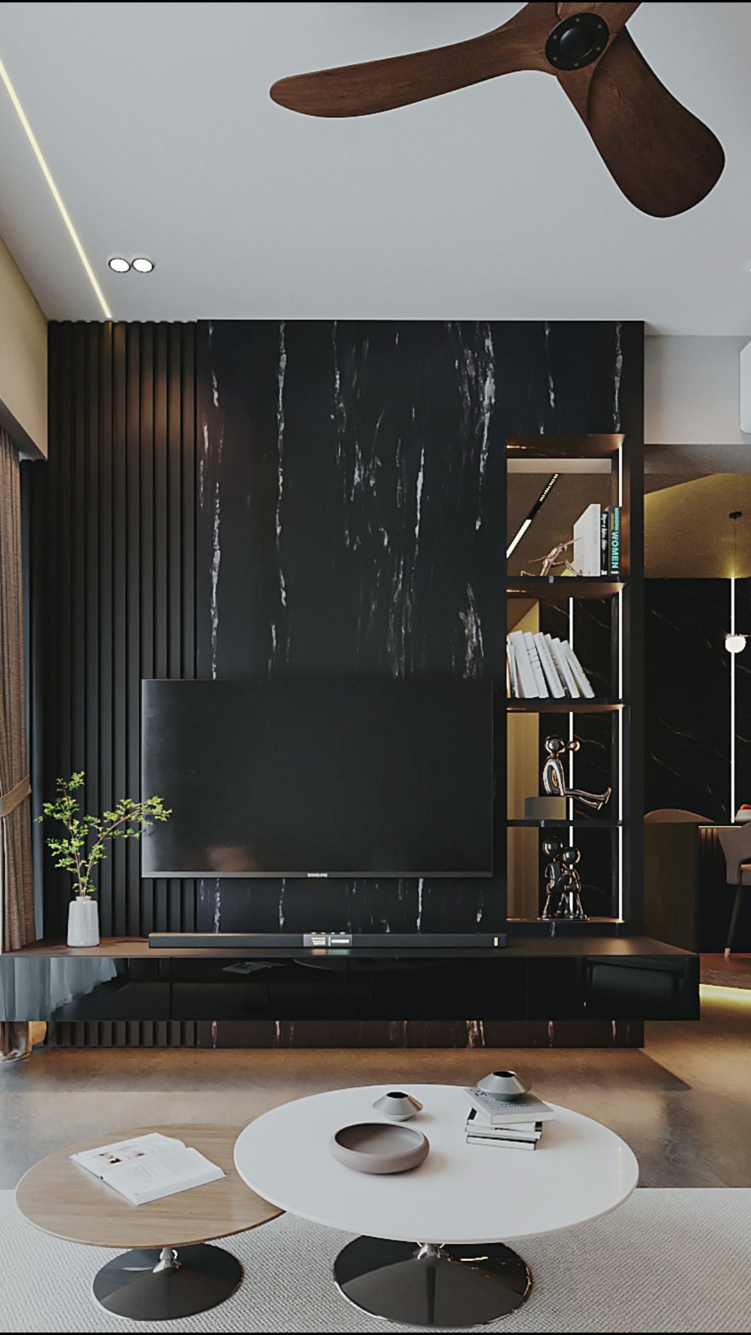 Plantation Grove living room with a reflective black television feature and illuminated display shelving