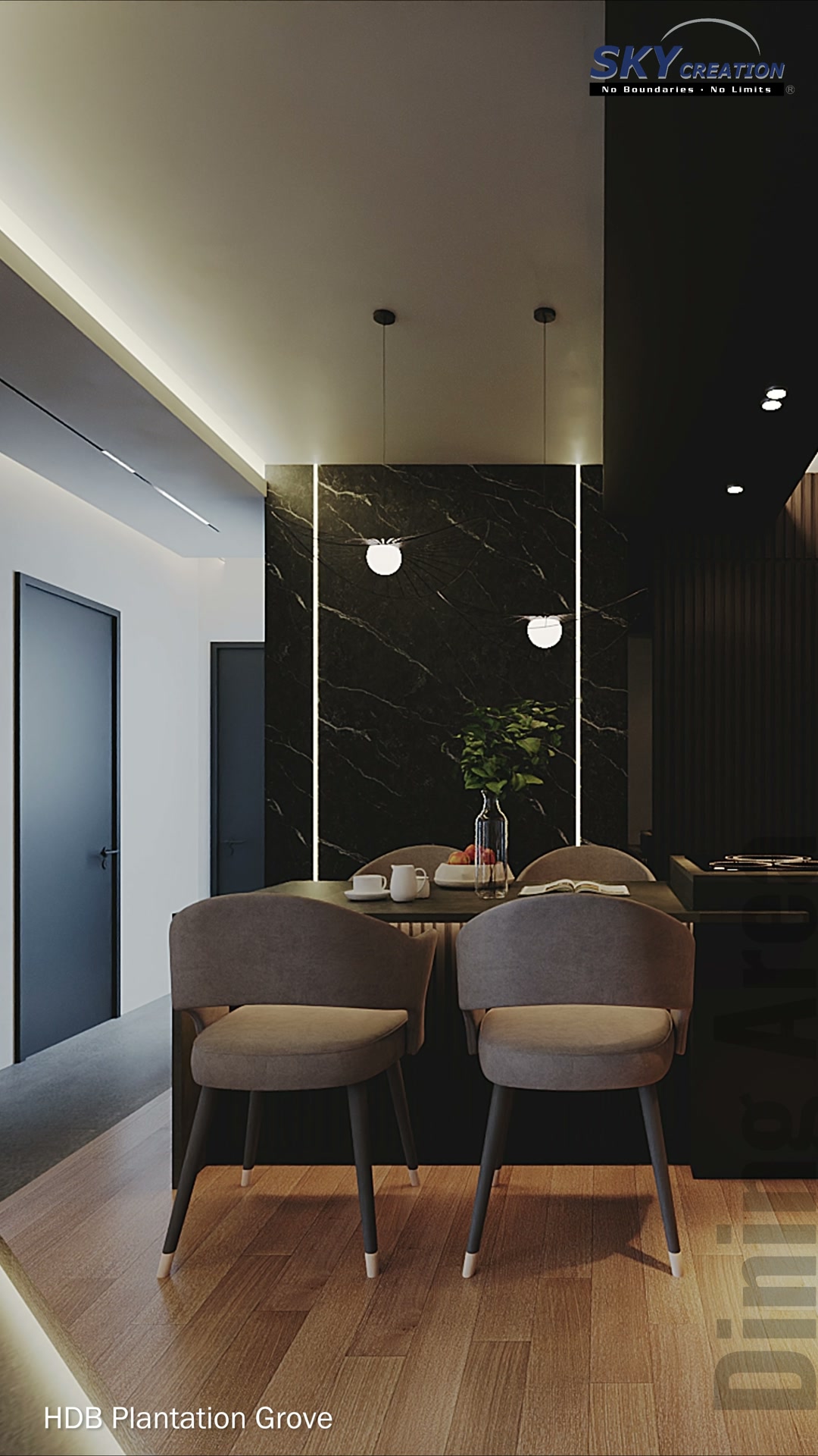 Plantation Grove circulation zone with dark full-height storage and concealed floor lighting
