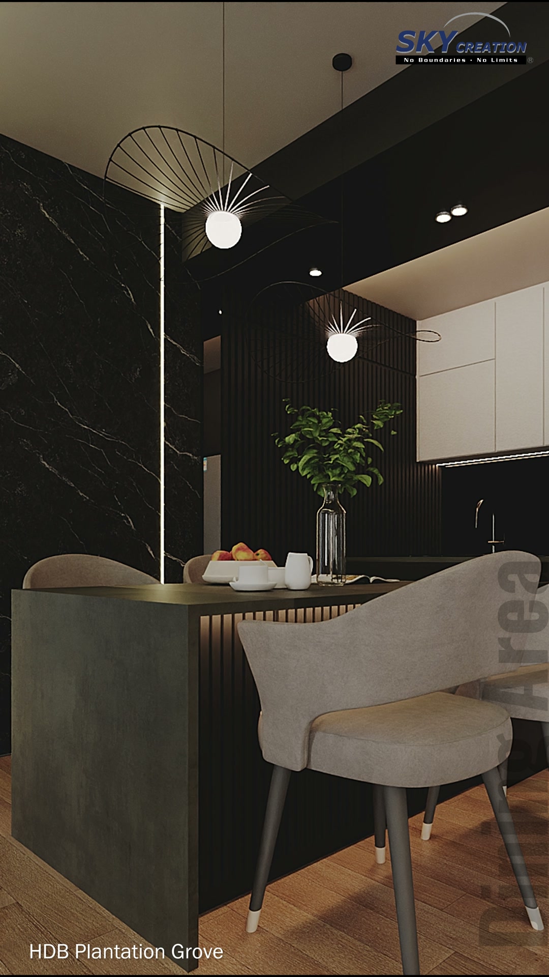Plantation Grove dining and kitchen area with black marble-look surfaces and pendant lighting