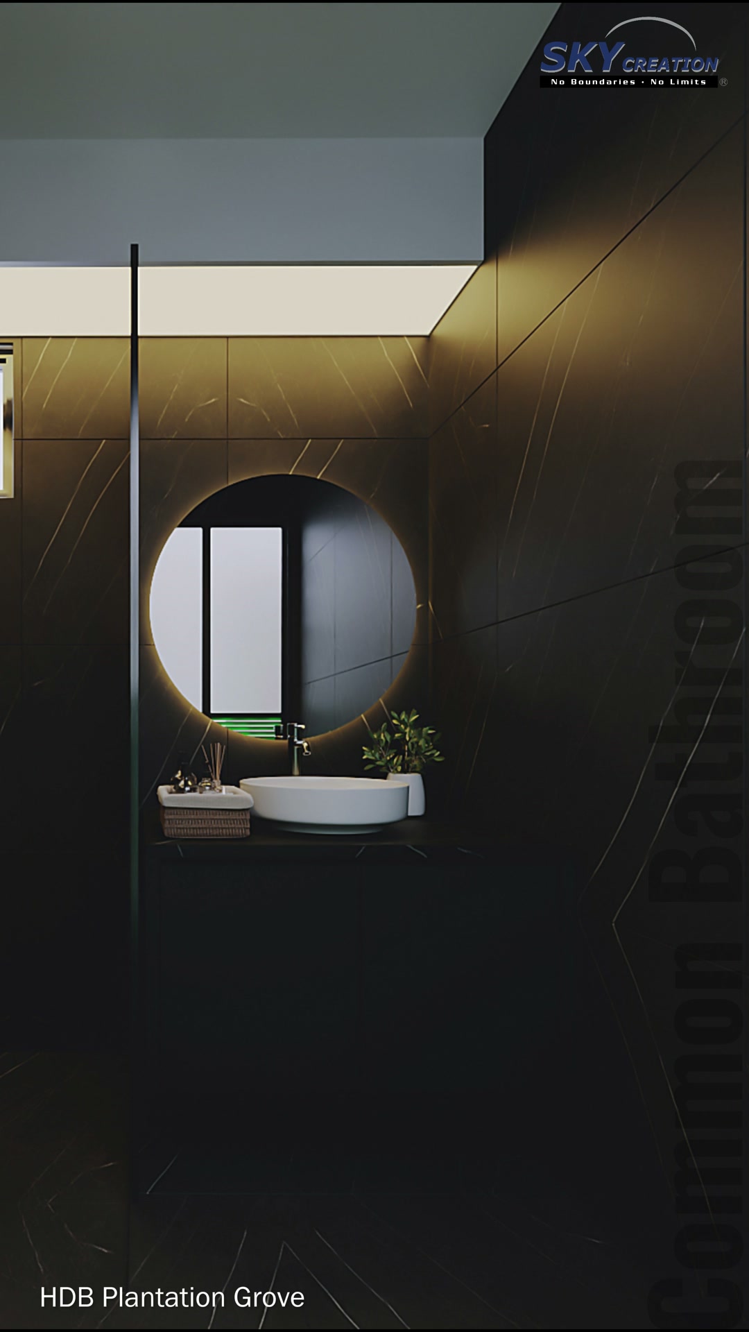 Plantation Grove bathroom with dark wall finishes, a round mirror and floating vanity