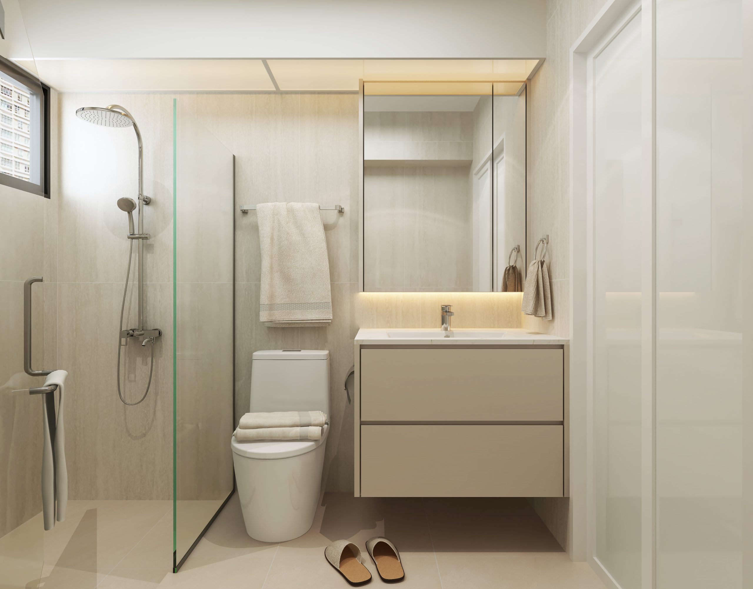 HDB Clementi Avenue 3 — common bathroom, 3D design visual
