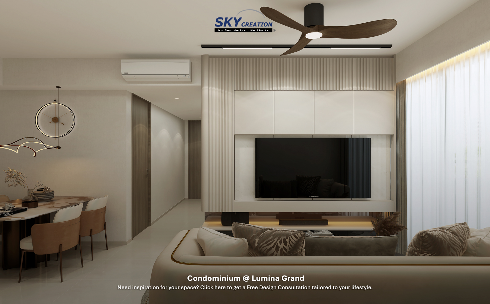 Lumina Grand — living area, 3D design visual