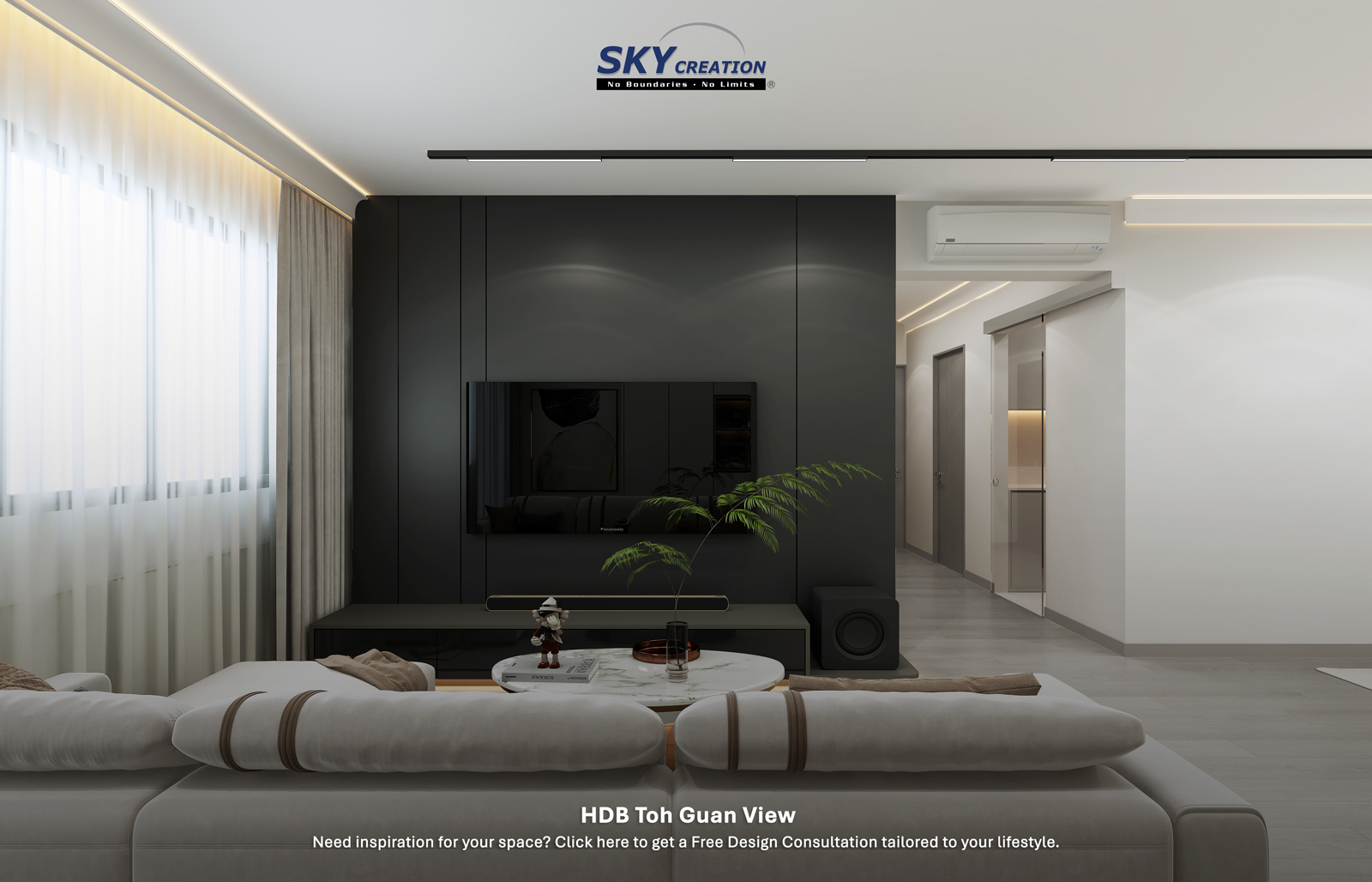 HDB Toh Guan View — living area, 3D design visual