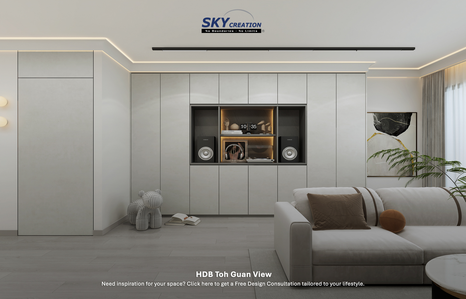 HDB Toh Guan View — living area, 3D design visual
