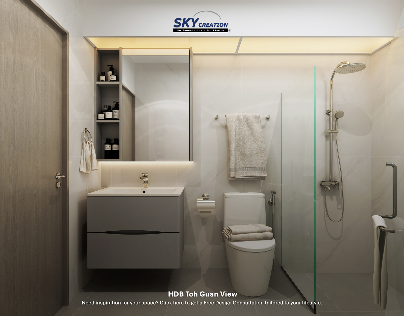 HDB Toh Guan View — common bathroom, 3D design visual