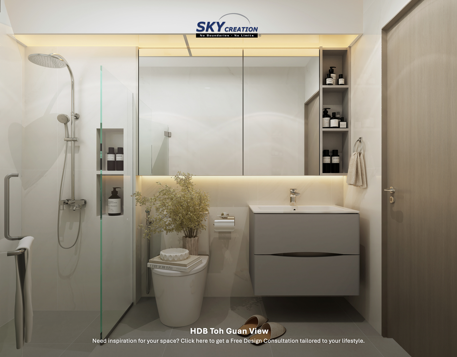 HDB Toh Guan View — master bathroom, 3D design visual