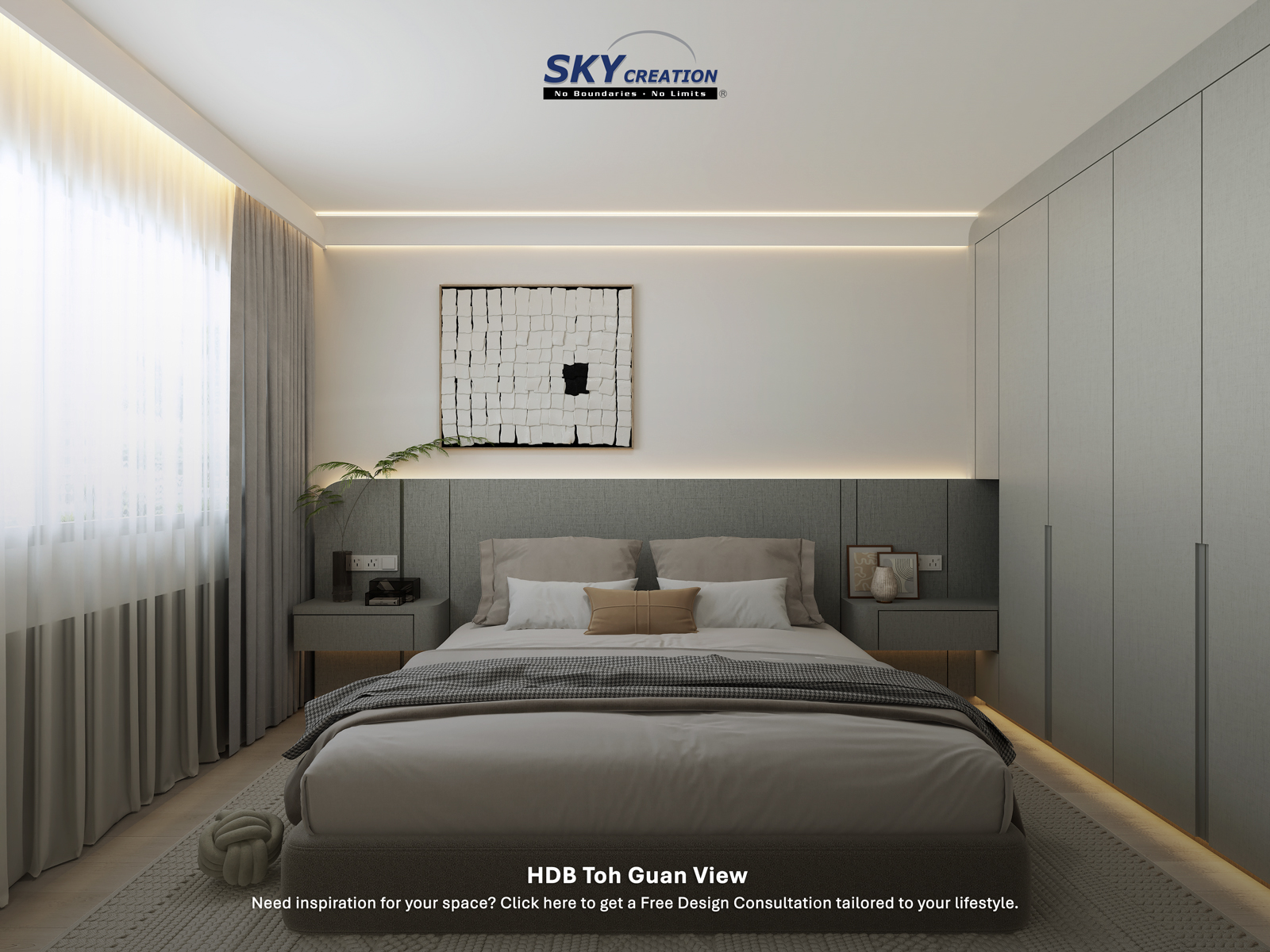 HDB Toh Guan View — master bedroom, 3D design visual