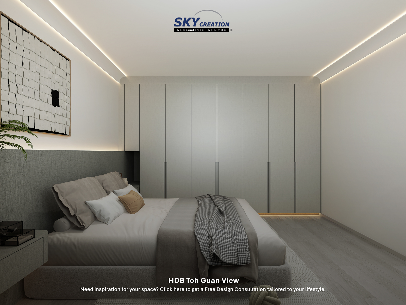 HDB Toh Guan View — master bedroom, 3D design visual