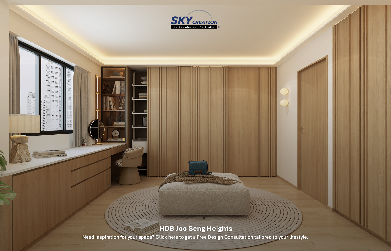HDB Joo Seng Road — master bedroom, 3D design visual