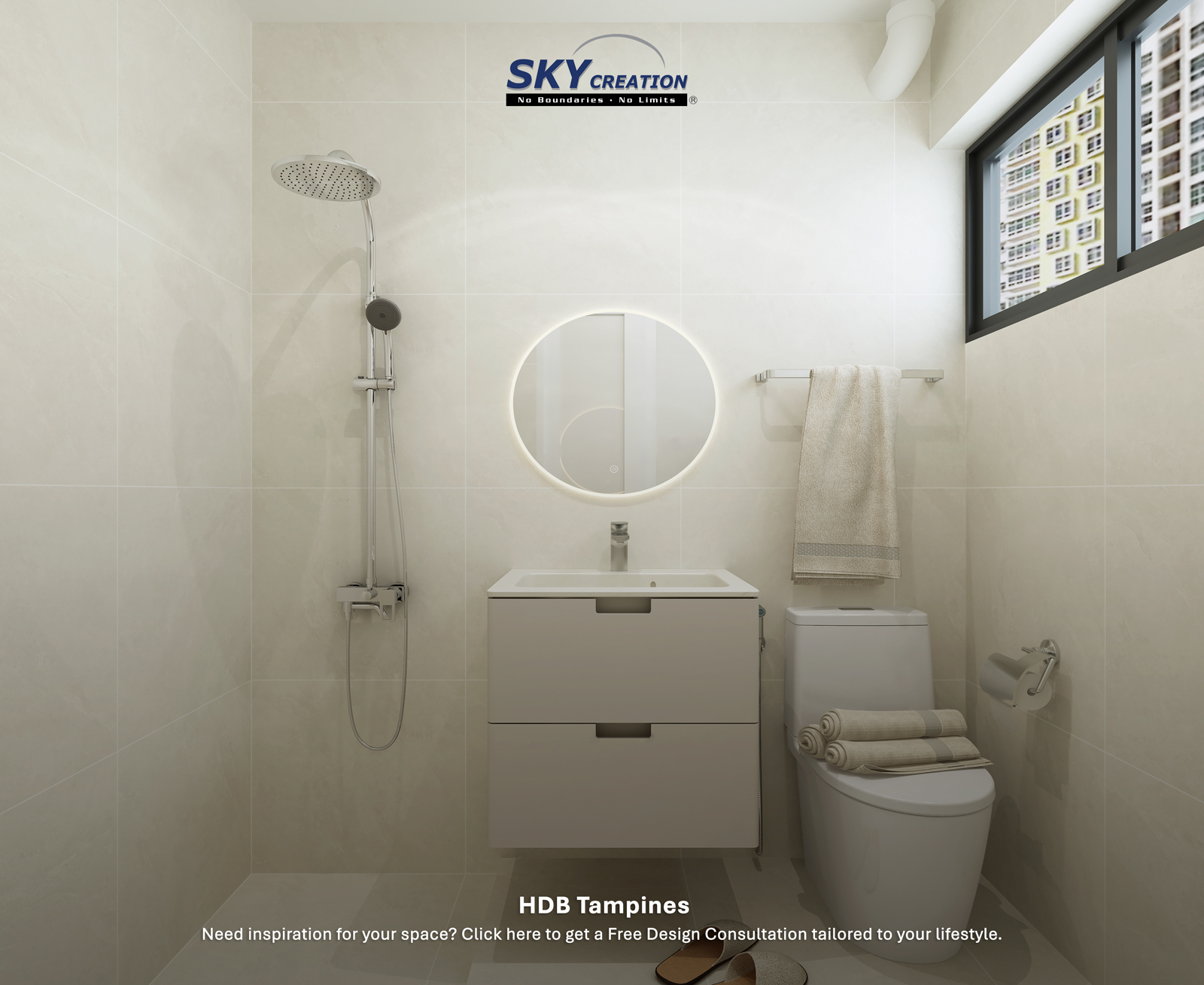 HDB Tampines Street 44 — master bathroom, 3D design visual
