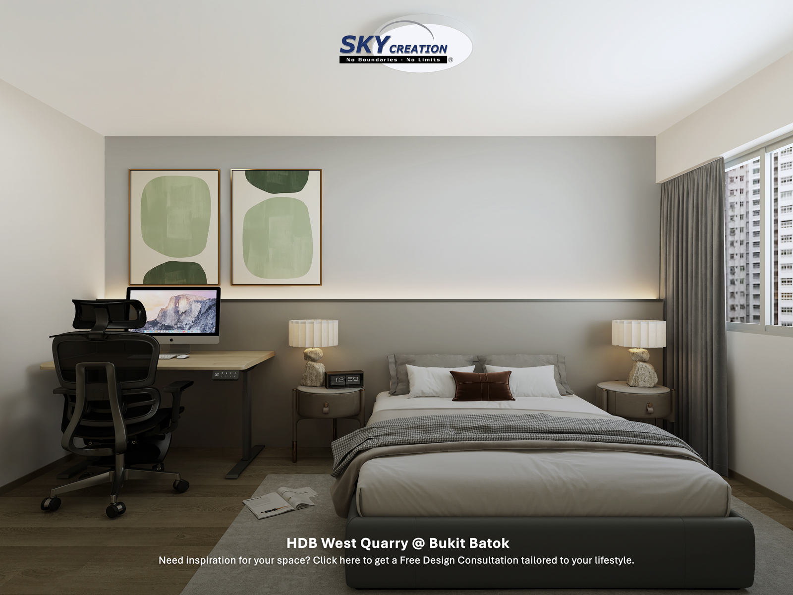 HDB West Quarry @ Bukit Batok — master bedroom, 3D design visual