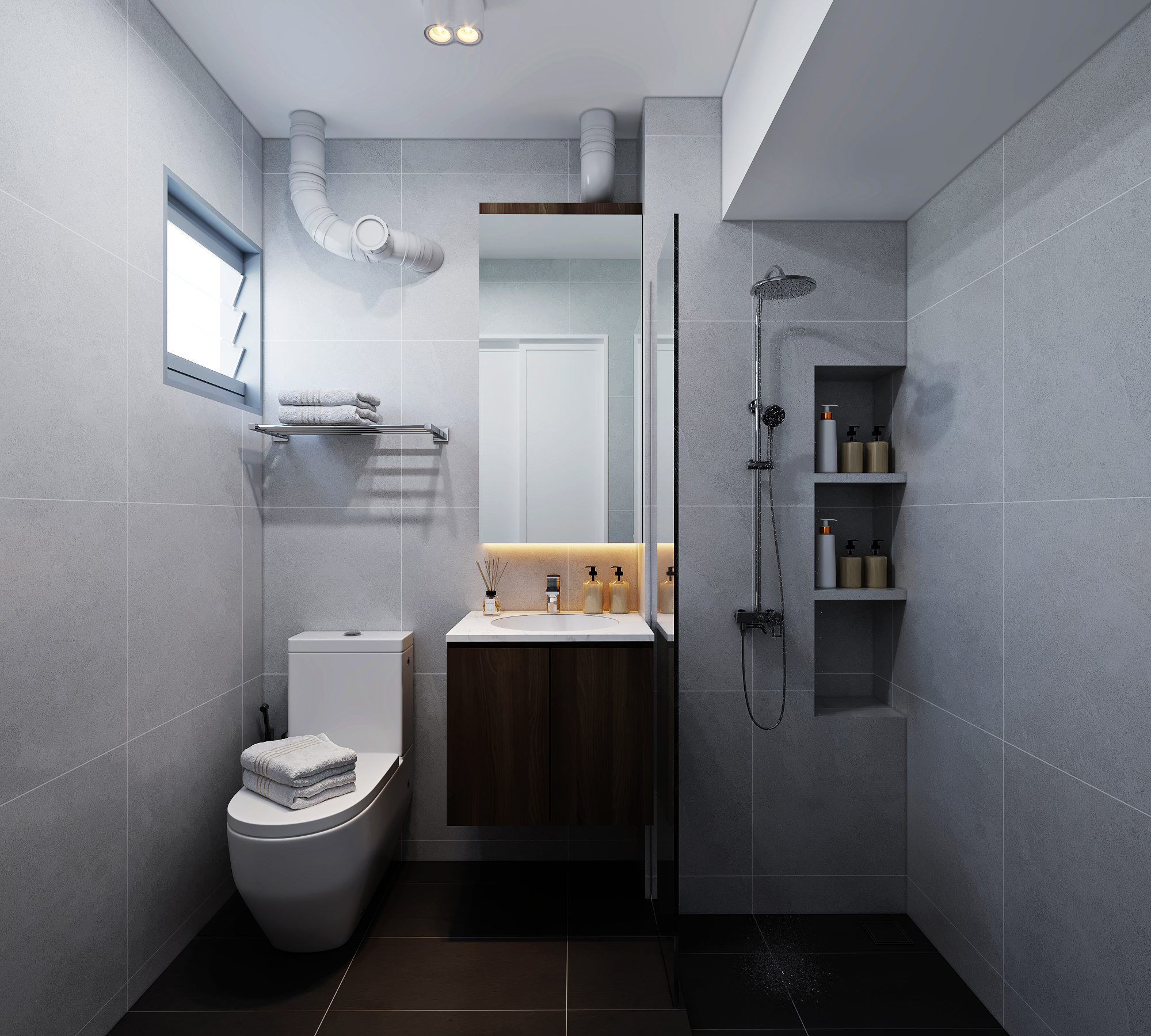 HDB Bedok North — master bathroom, scandinavian 3D design visual