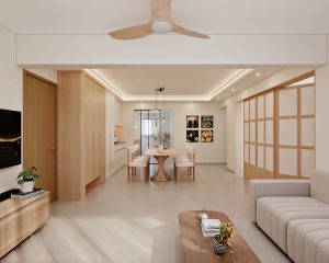 HDB Ang Mo Kio Avenue 4 — living, modern japandi 3D design visual