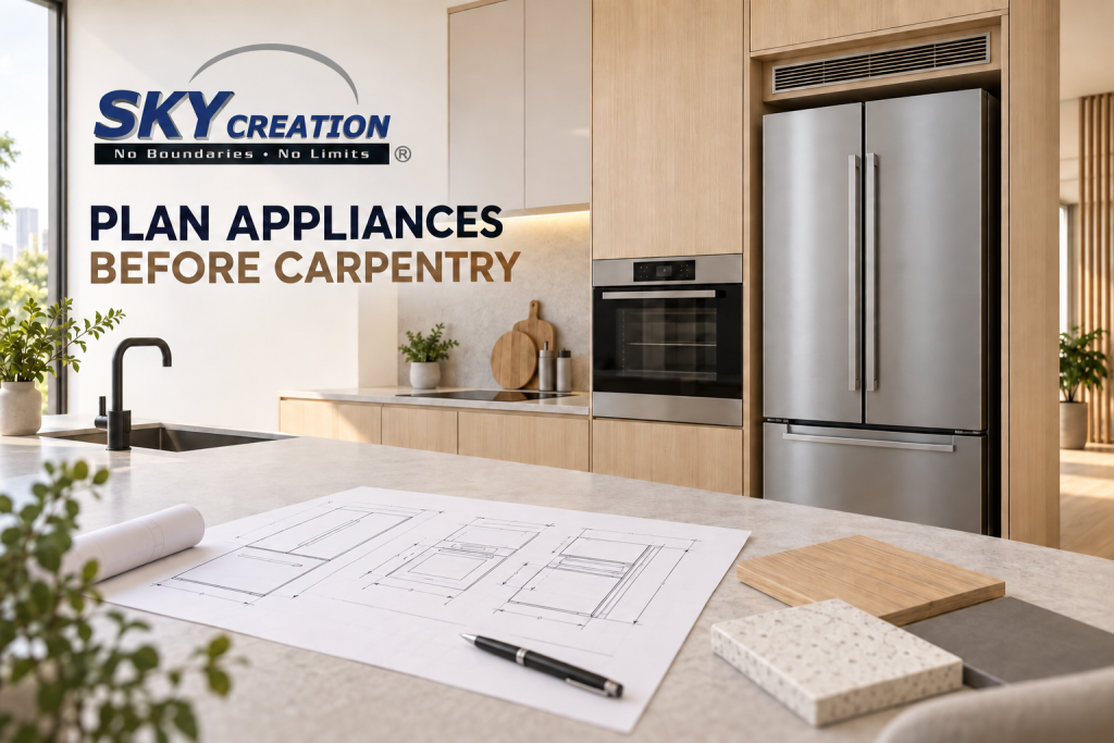 Design illustration of a kitchen with a refrigerator, built-in oven and planning drawings on the counter