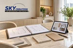 Design illustration of a renovation decision binder and material samples on a dining table