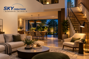 Design illustration of living, dining and staircase lighting zones in a landed home at dusk