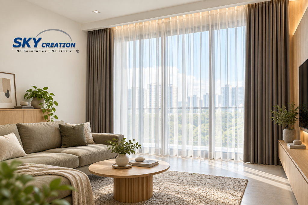 Design illustration of full-height curtains coordinated with a living room ceiling and cabinetry