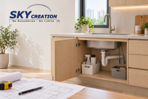 Design illustration of an open kitchen cabinet showing accessible under-sink fittings