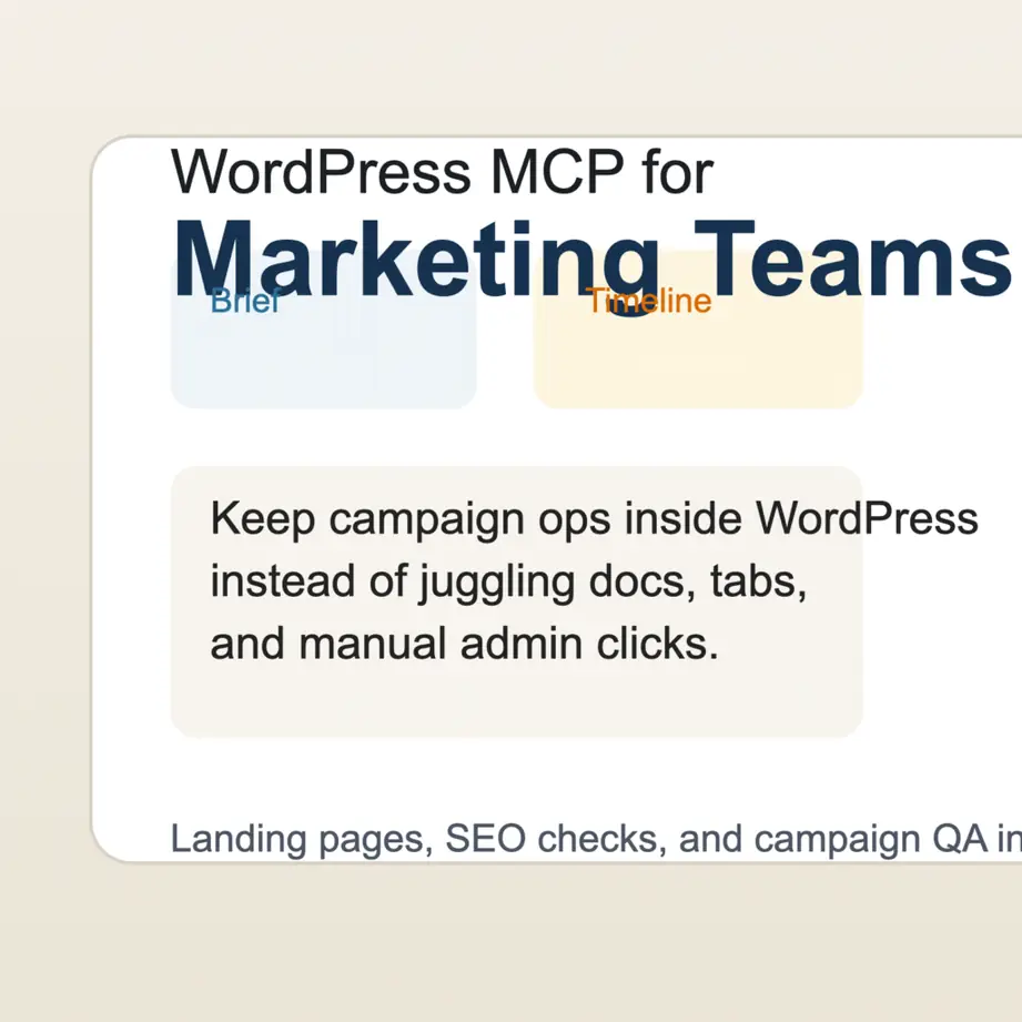Dashboard-style illustration showing a WordPress MCP workflow for marketing teams handling landing pages, SEO updates, and campaign QA