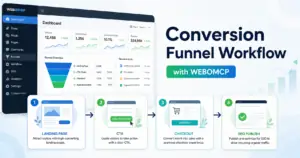 Illustrated WordPress conversion funnel workflow with landing page, CTA, checkout, and SEO publish steps