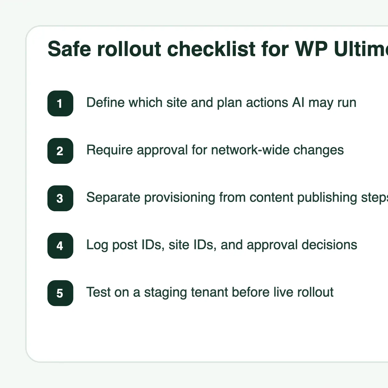 Checklist visual for safe WP Ultimo automation rollout across a WordPress multisite network