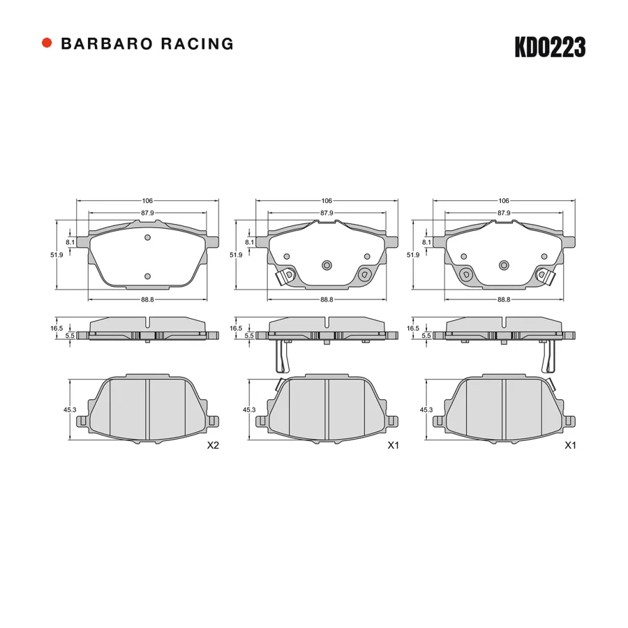 KD0223 Rear Brake Pads shape drawing